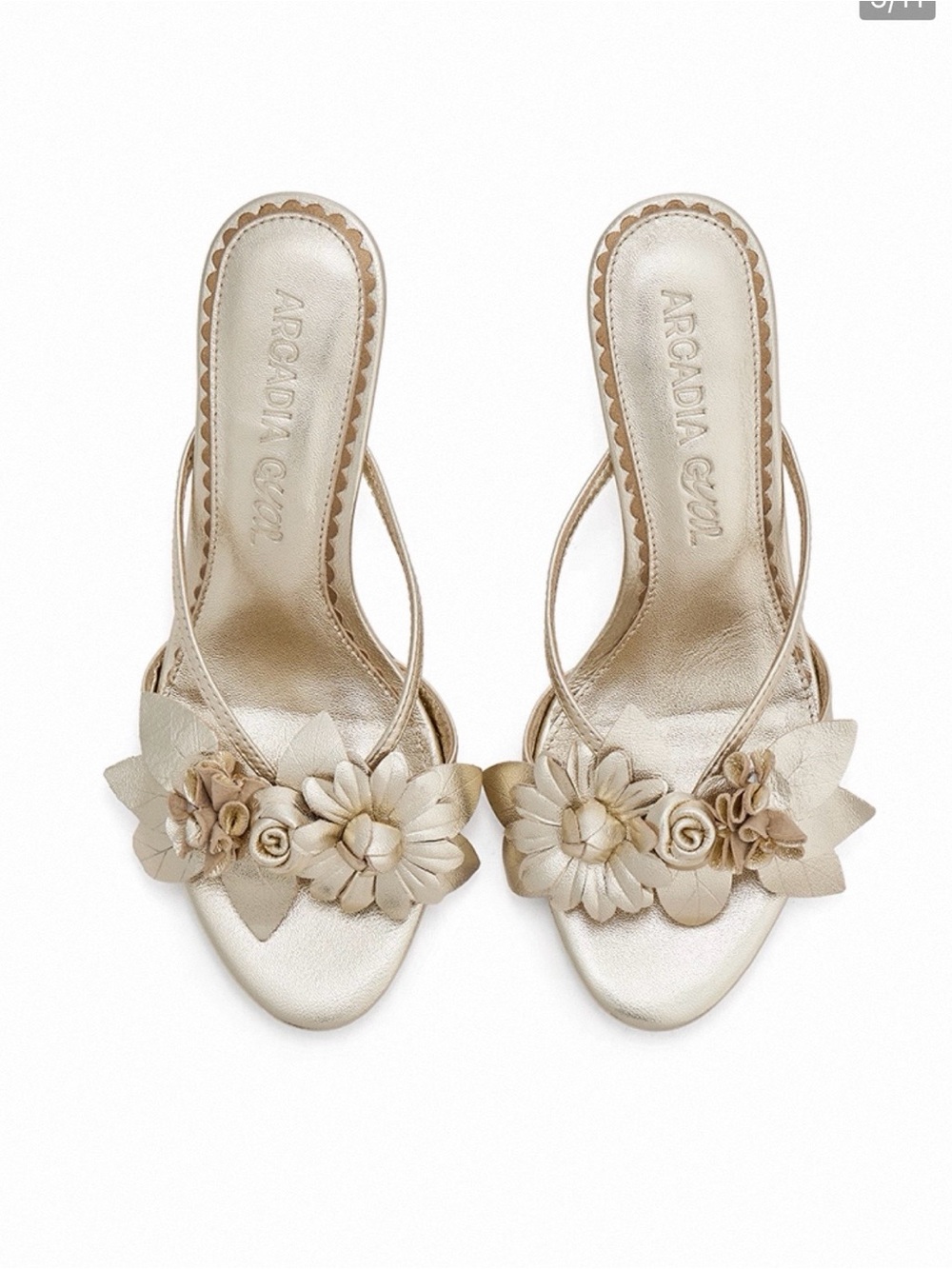 Arcadia champagne floral leather mules